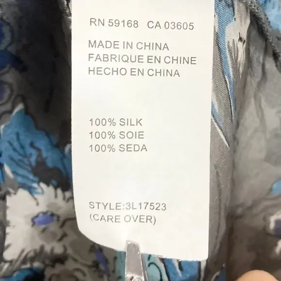 Nwot Karen Kane Blouse XL SILK Chiffon Sheer Floral Blue Roll-Tab-Long-Sleeve - Picture 8 of 11